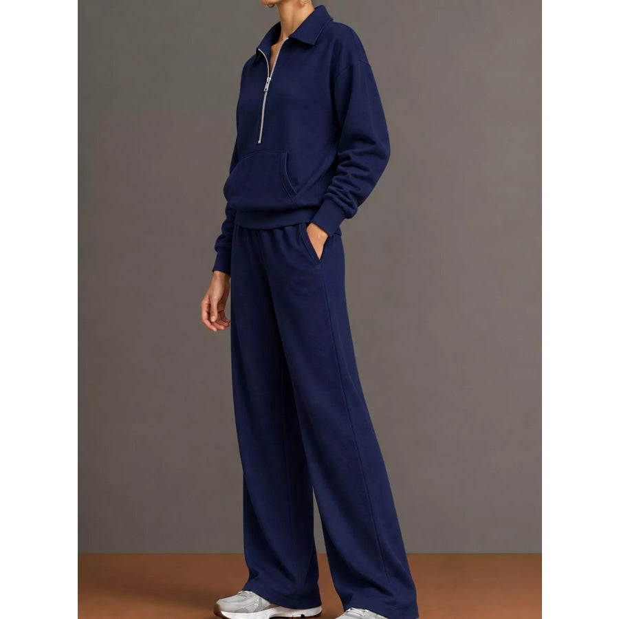 Casual Half-Zip Sweatshirt and Wide-Leg Pants Set Apparel Accessories