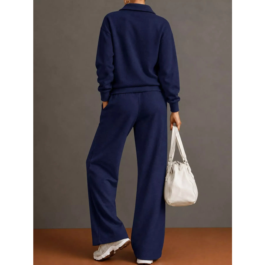 Casual Half-Zip Sweatshirt and Wide-Leg Pants Set Apparel Accessories
