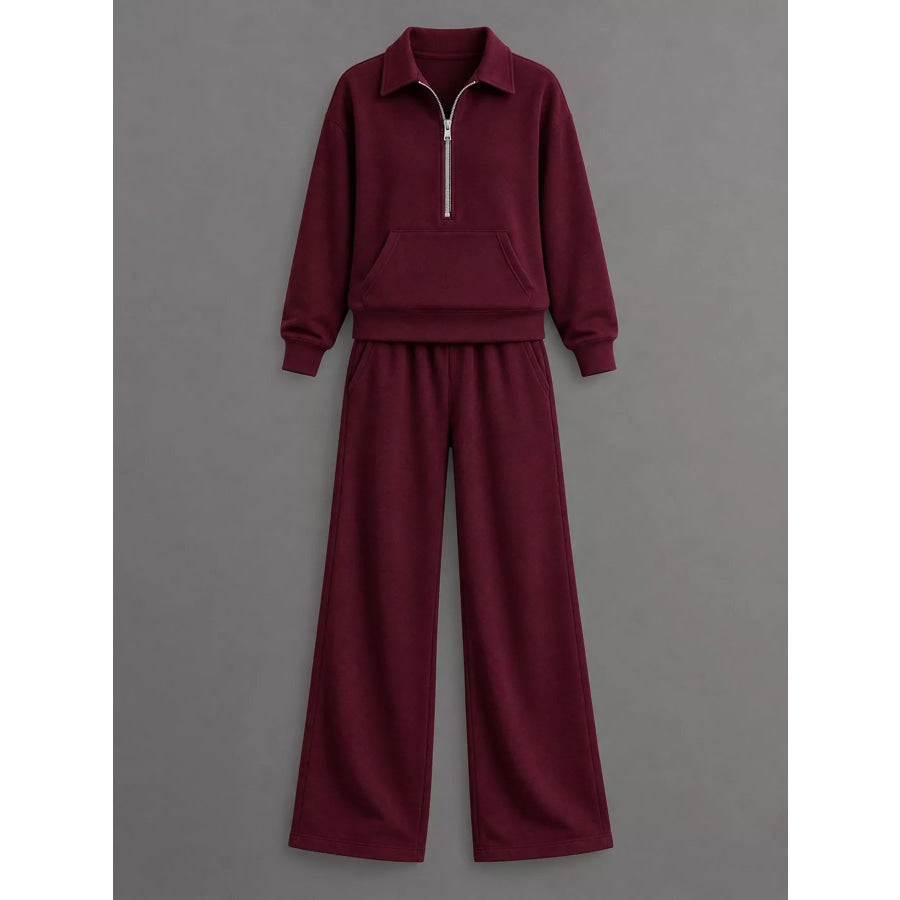 Casual Half-Zip Sweatshirt and Wide-Leg Pants Set Apparel Accessories