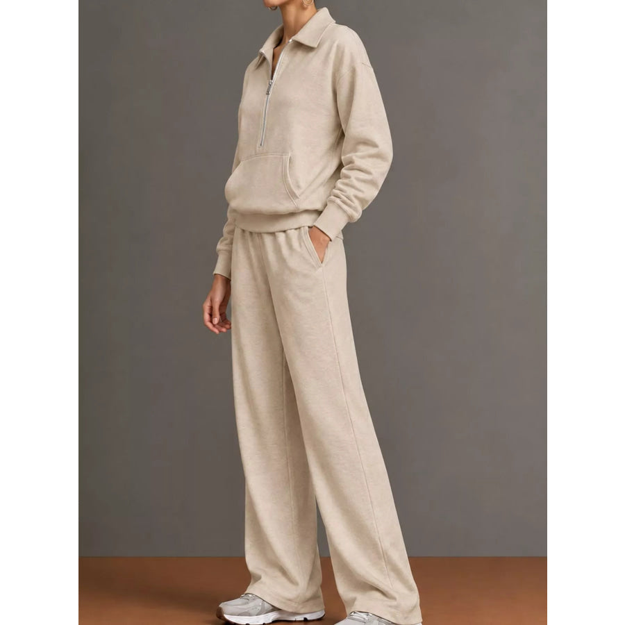 Casual Half-Zip Sweatshirt and Wide-Leg Pants Set Apparel Accessories