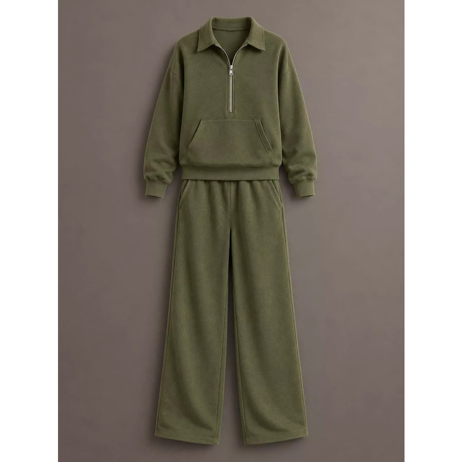 Casual Half-Zip Sweatshirt and Wide-Leg Pants Set Apparel Accessories