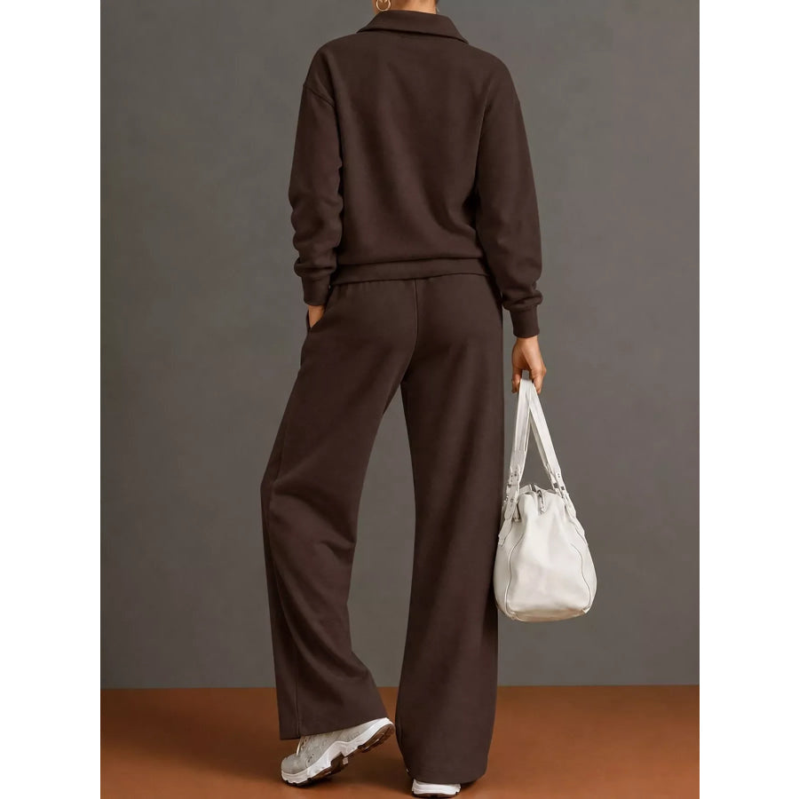 Casual Half-Zip Sweatshirt and Wide-Leg Pants Set Apparel Accessories