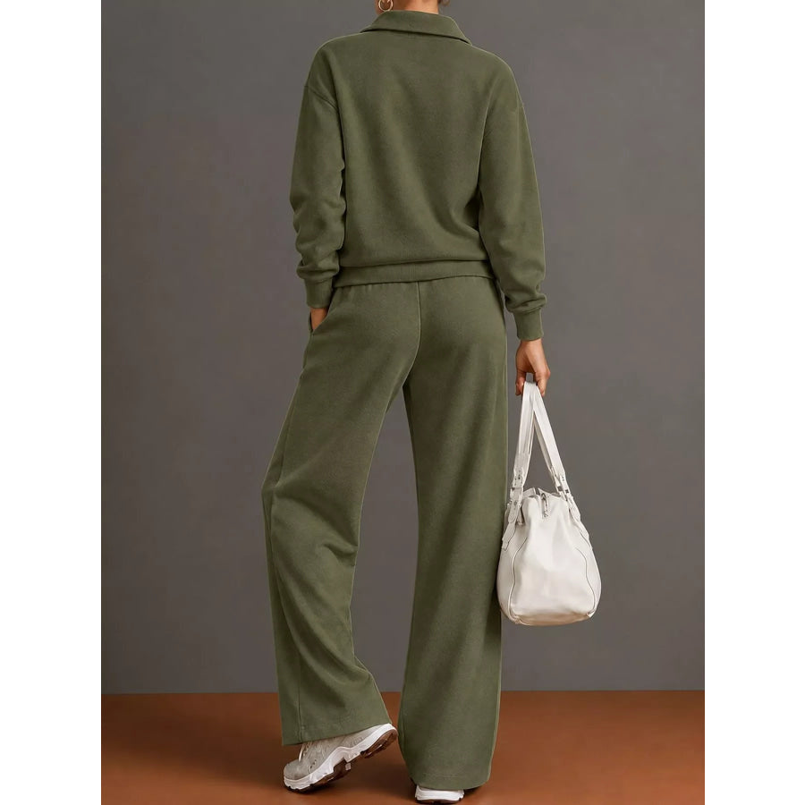 Casual Half-Zip Sweatshirt and Wide-Leg Pants Set Apparel Accessories