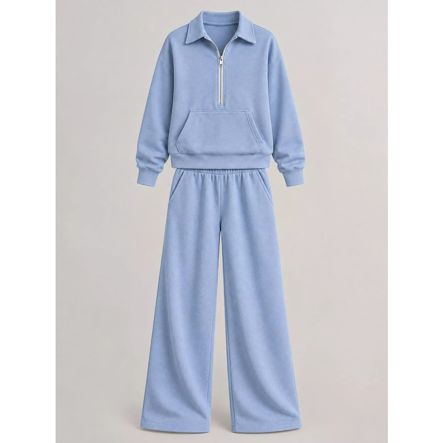 Casual Half-Zip Sweatshirt and Wide-Leg Pants Set Apparel Accessories