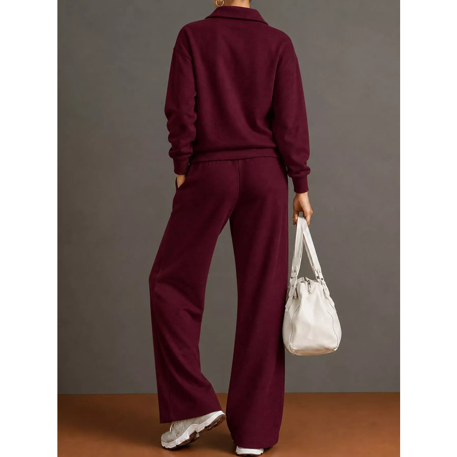 Casual Half-Zip Sweatshirt and Wide-Leg Pants Set Apparel Accessories