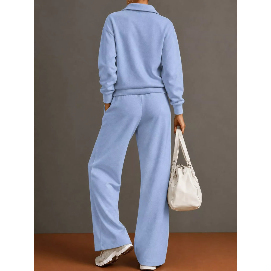 Casual Half-Zip Sweatshirt and Wide-Leg Pants Set Apparel Accessories