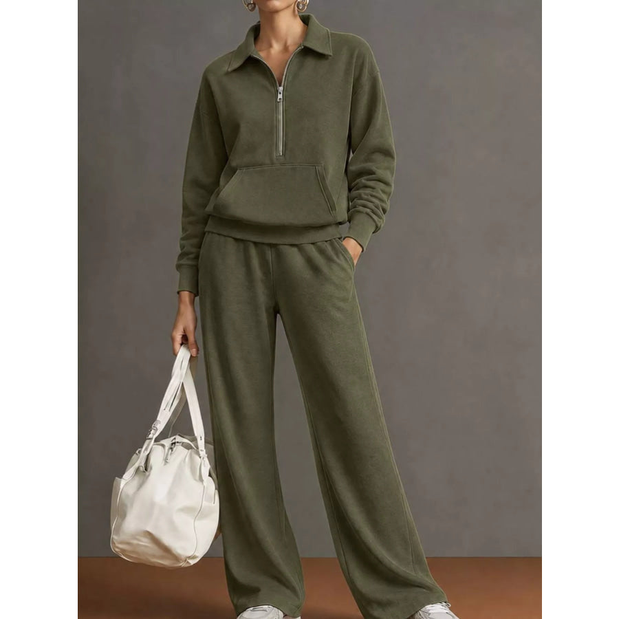 Casual Half-Zip Sweatshirt and Wide-Leg Pants Set Army Green / S Apparel Accessories