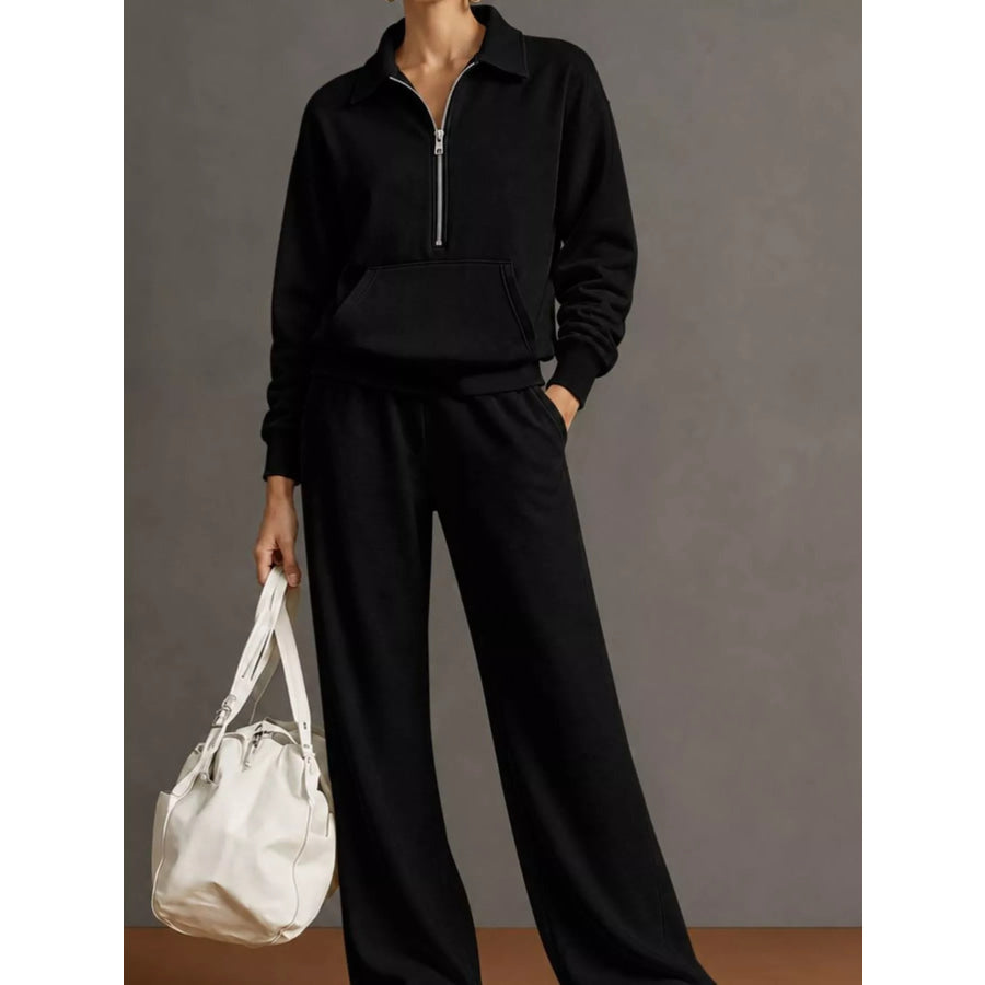 Casual Half-Zip Sweatshirt and Wide-Leg Pants Set Black / S Apparel Accessories