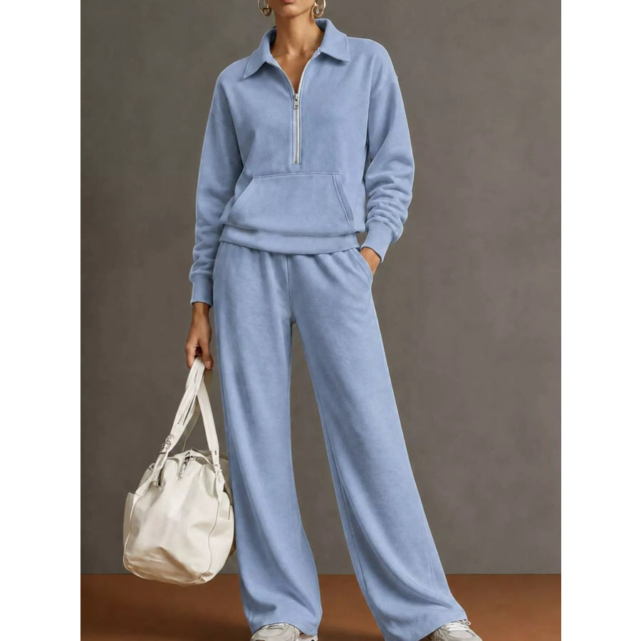 Casual Half-Zip Sweatshirt and Wide-Leg Pants Set Blue / S Apparel Accessories