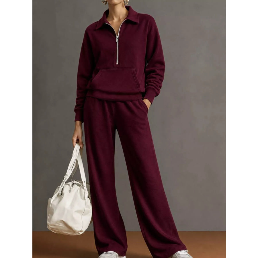 Casual Half-Zip Sweatshirt and Wide-Leg Pants Set Burgundy / S Apparel Accessories