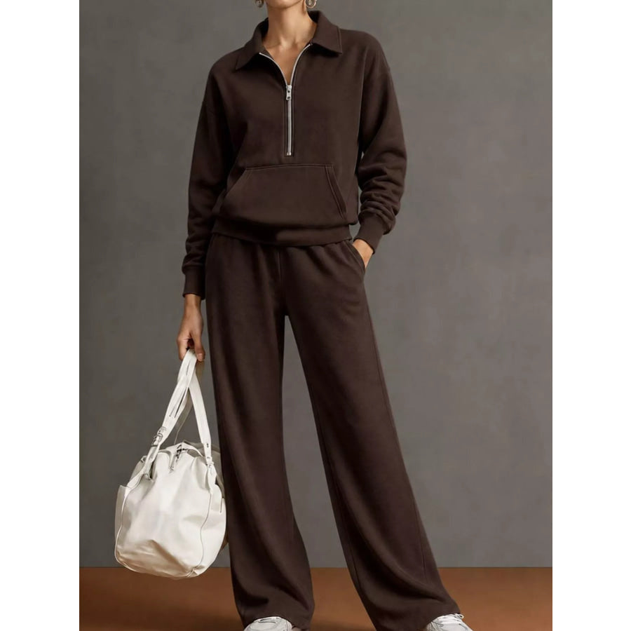 Casual Half-Zip Sweatshirt and Wide-Leg Pants Set Dark Brown / S Apparel Accessories