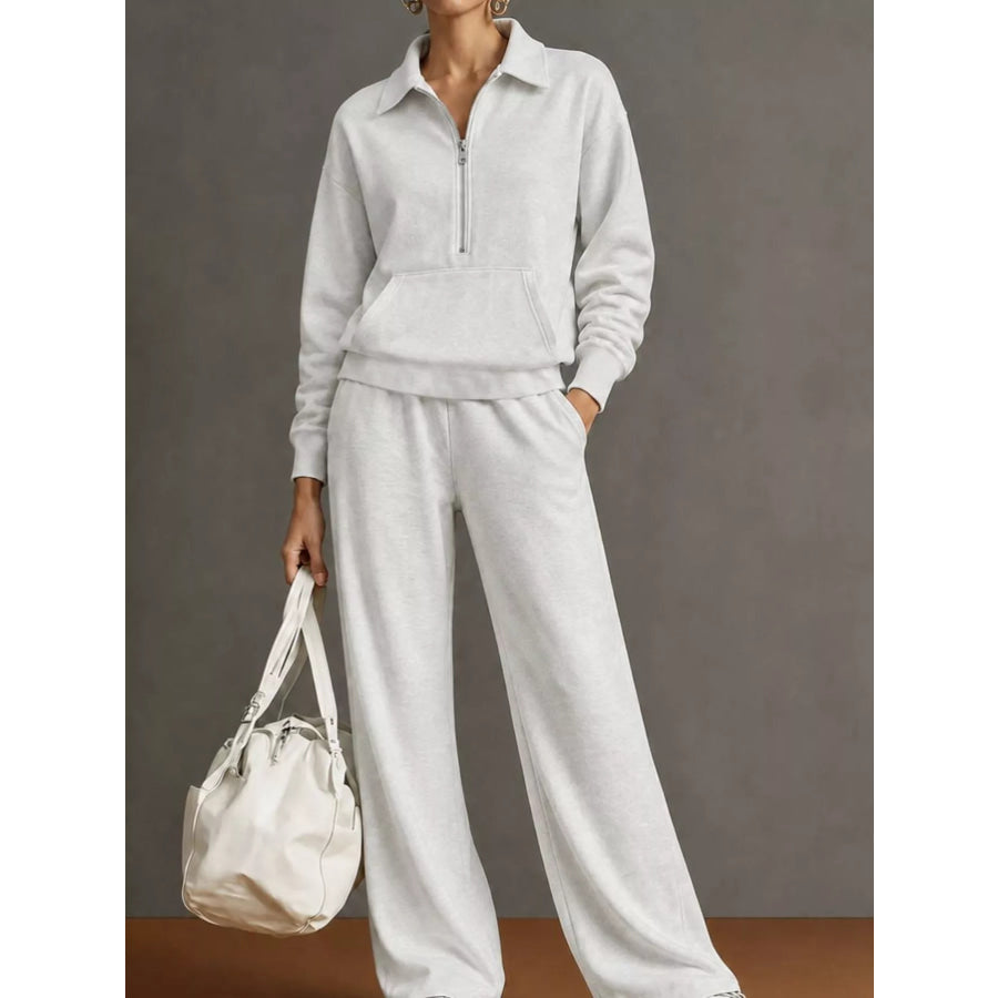 Casual Half-Zip Sweatshirt and Wide-Leg Pants Set Light Gray / S Apparel Accessories