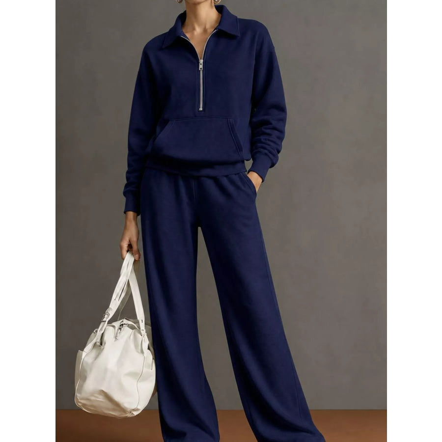 Casual Half-Zip Sweatshirt and Wide-Leg Pants Set Navy / S Apparel Accessories
