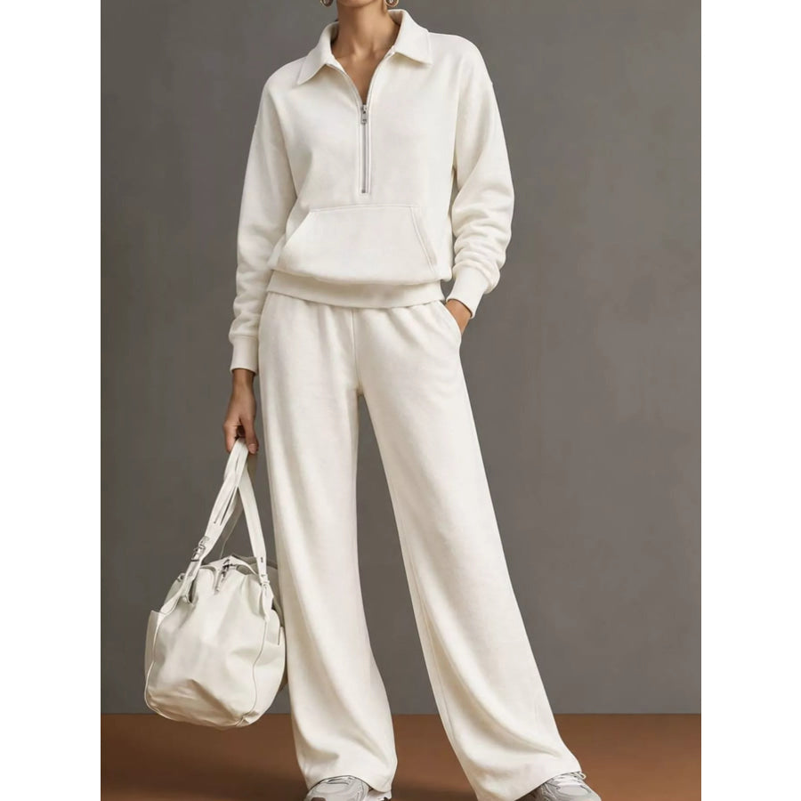 Casual Half-Zip Sweatshirt and Wide-Leg Pants Set White / S Apparel Accessories