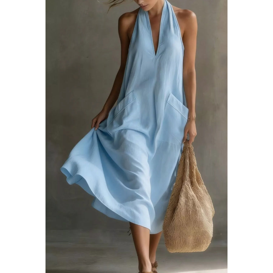 Casual Halter Neck Pocket Midi Dress Apparel and Accessories