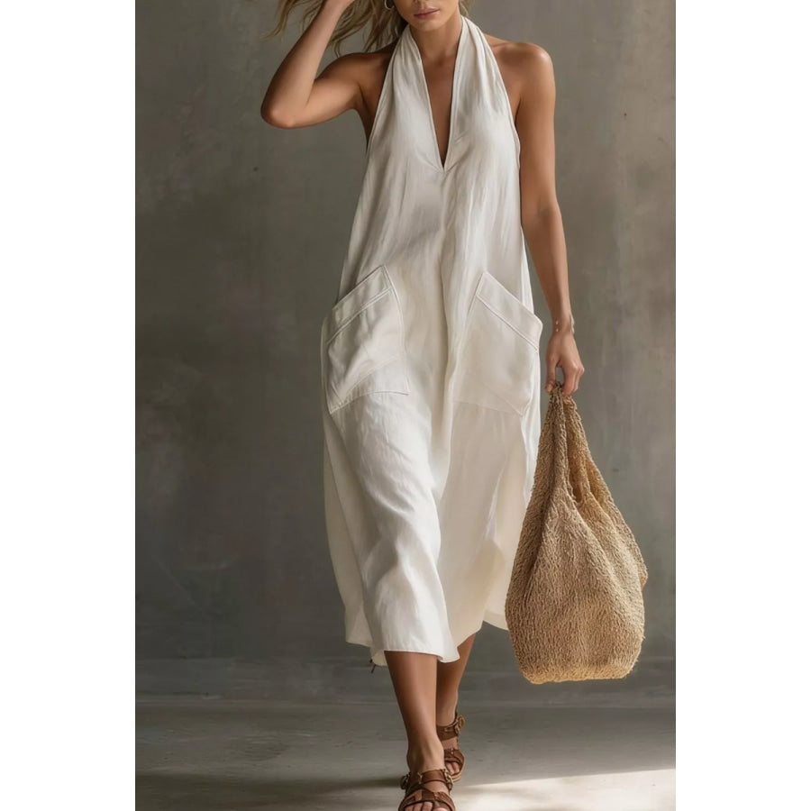 Casual Halter Neck Pocket Midi Dress Apparel and Accessories