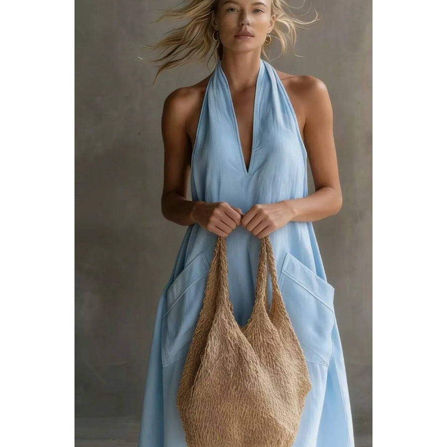 Casual Halter Neck Pocket Midi Dress Apparel and Accessories