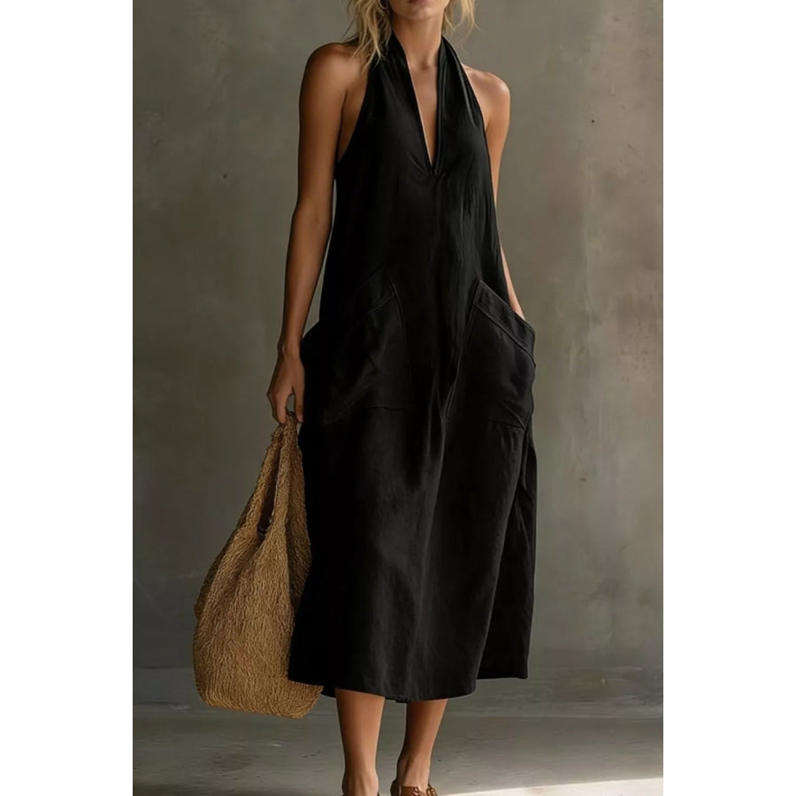 Casual Halter Neck Pocket Midi Dress Apparel and Accessories