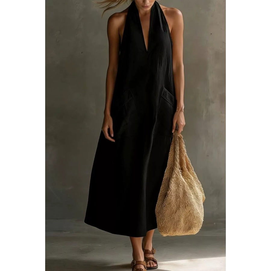 Casual Halter Neck Pocket Midi Dress Apparel and Accessories