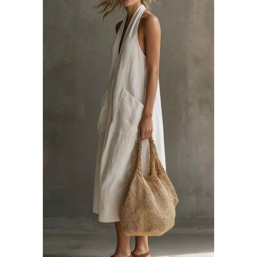 Casual Halter Neck Pocket Midi Dress Apparel and Accessories