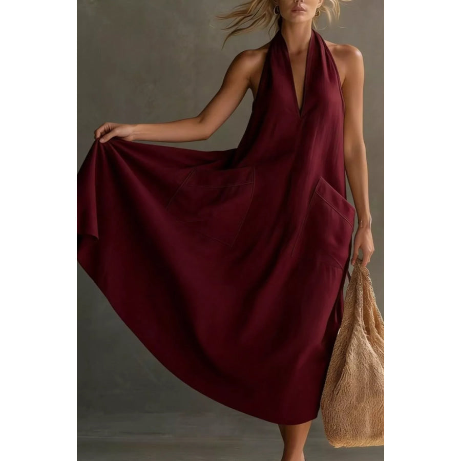 Casual Halter Neck Pocket Midi Dress Apparel and Accessories
