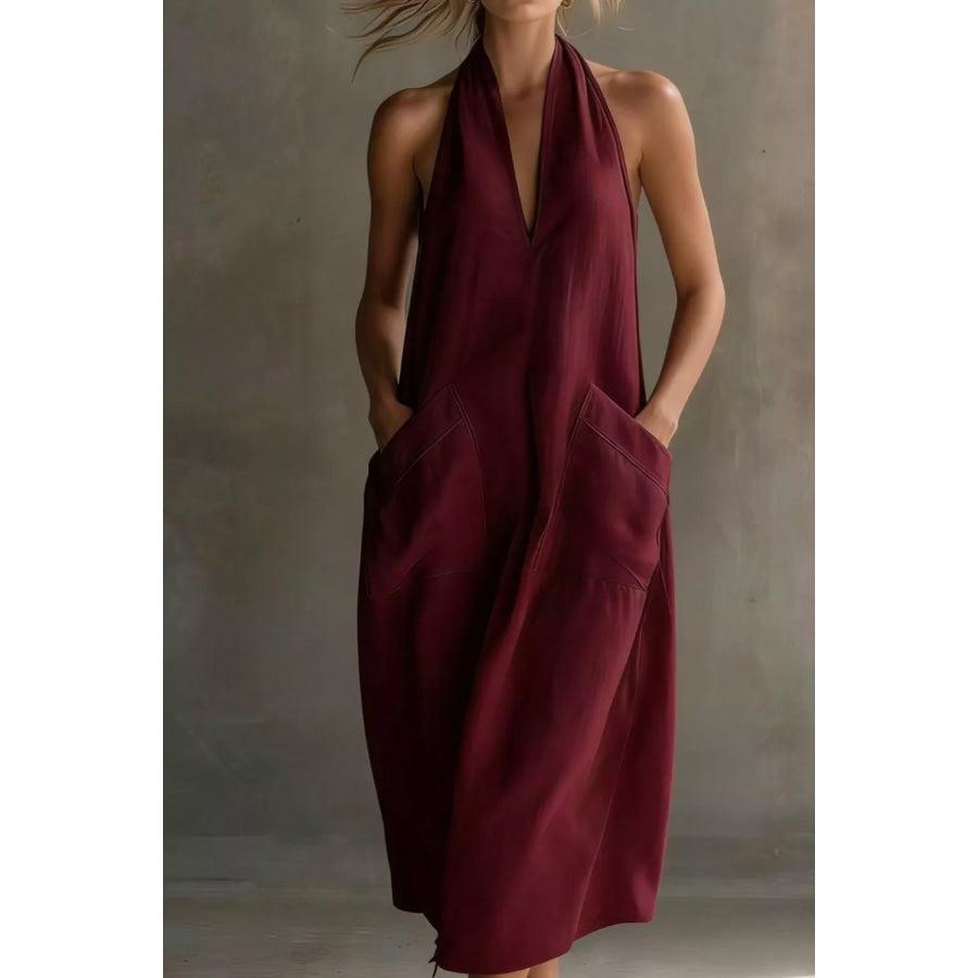 Casual Halter Neck Pocket Midi Dress Apparel and Accessories