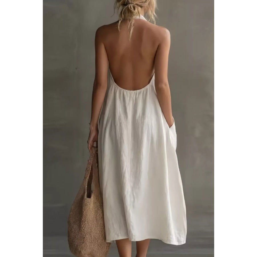 Casual Halter Neck Pocket Midi Dress Apparel and Accessories