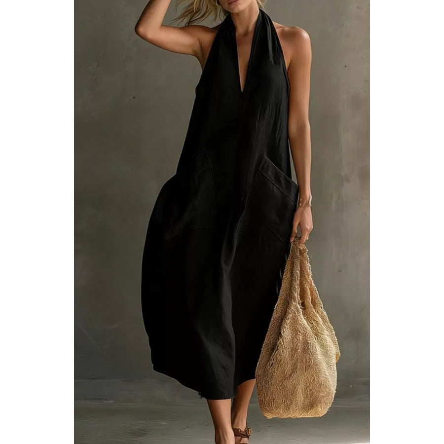 Casual Halter Neck Pocket Midi Dress Apparel and Accessories