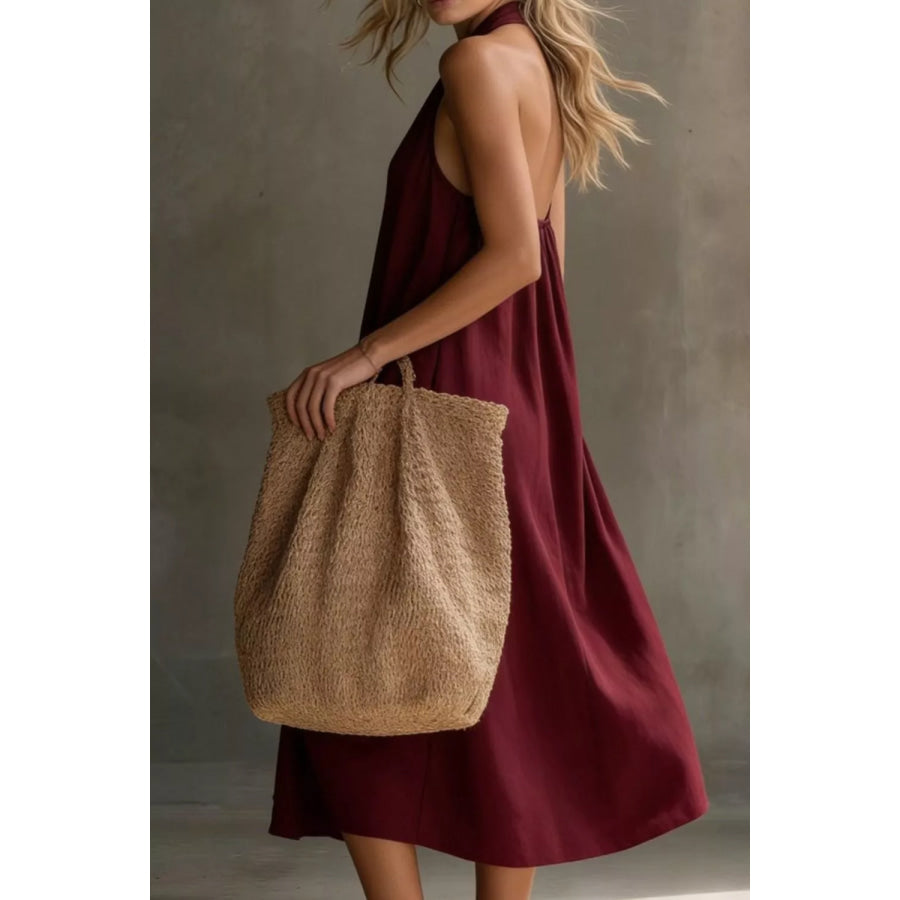 Casual Halter Neck Pocket Midi Dress Apparel and Accessories