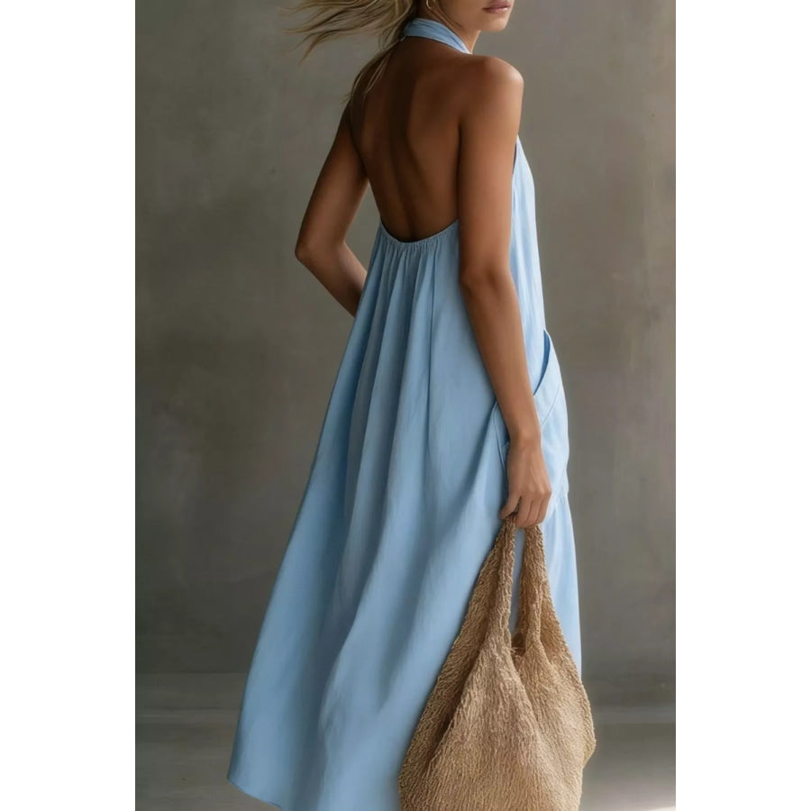 Casual Halter Neck Pocket Midi Dress Apparel and Accessories