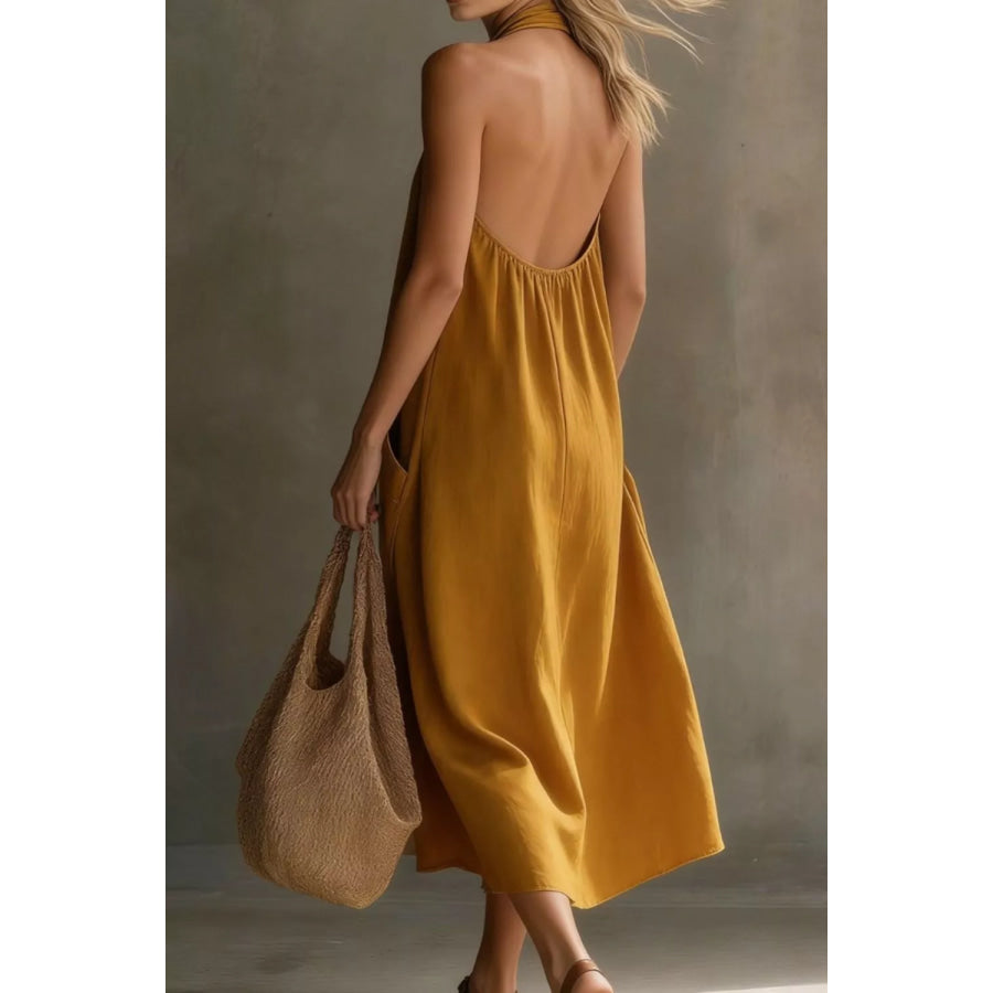 Casual Halter Neck Pocket Midi Dress Apparel and Accessories