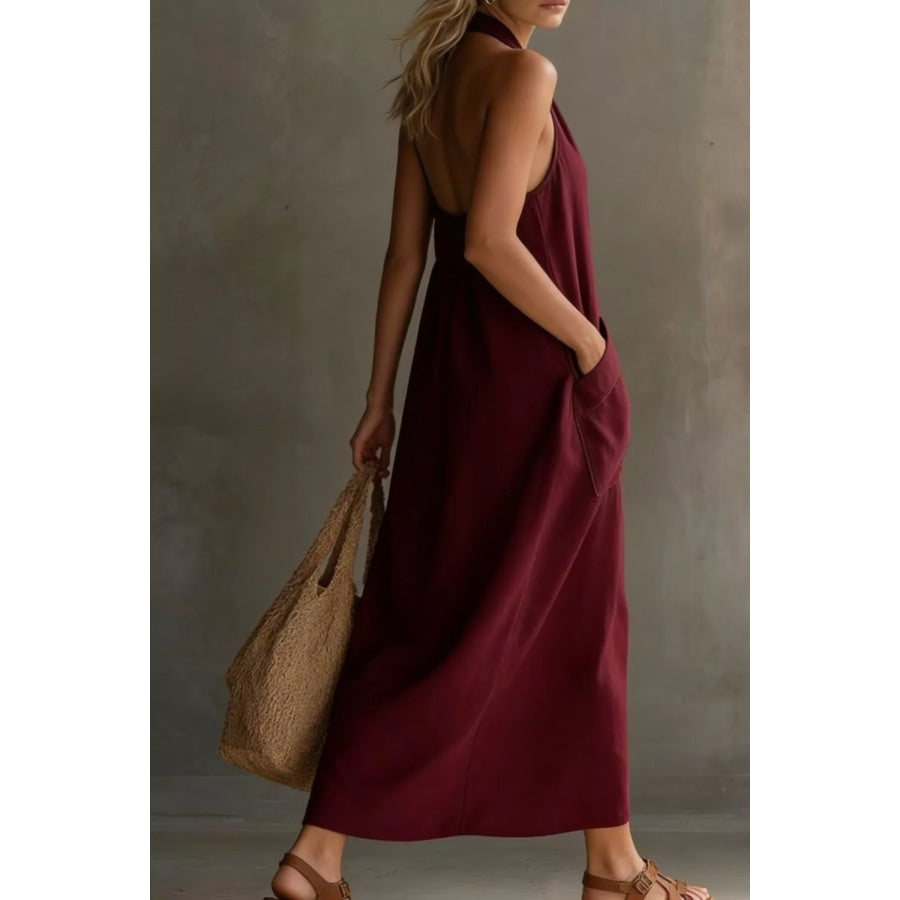 Casual Halter Neck Pocket Midi Dress Apparel and Accessories