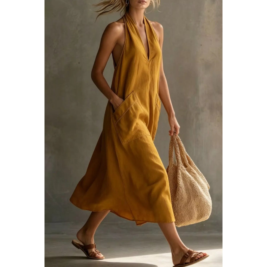 Casual Halter Neck Pocket Midi Dress Apparel and Accessories