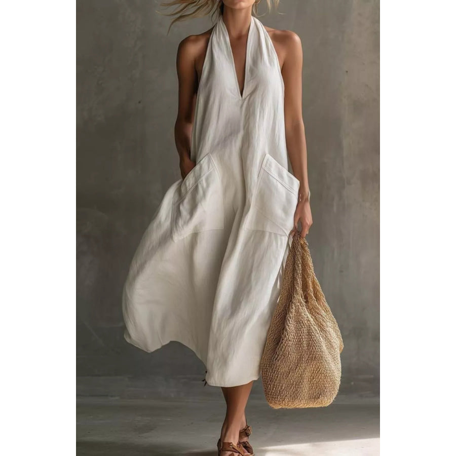 Casual Halter Neck Pocket Midi Dress Apparel and Accessories