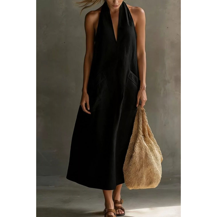 Casual Halter Neck Pocket Midi Dress Apparel and Accessories