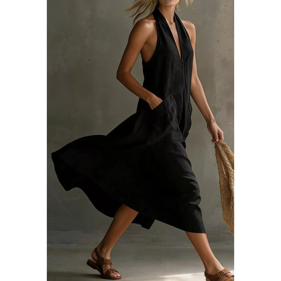 Casual Halter Neck Pocket Midi Dress Black / S Apparel and Accessories