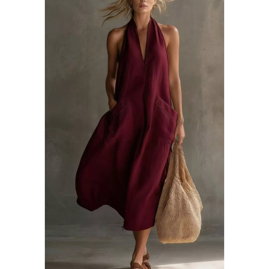 Casual Halter Neck Pocket Midi Dress Burgundy / S Apparel and Accessories