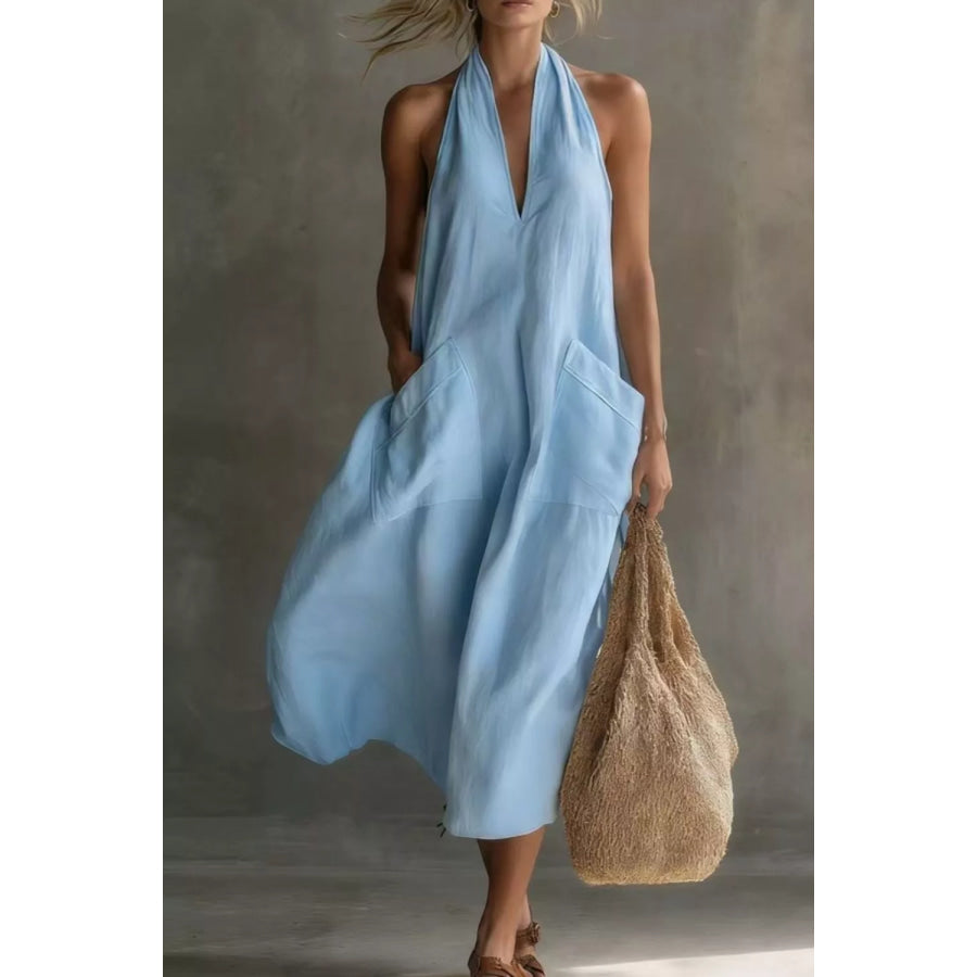 Casual Halter Neck Pocket Midi Dress Light Blue / S Apparel and Accessories
