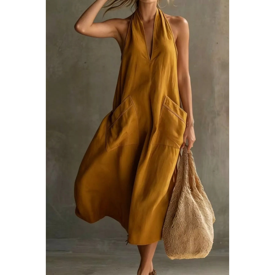 Casual Halter Neck Pocket Midi Dress Mustard / S Apparel and Accessories