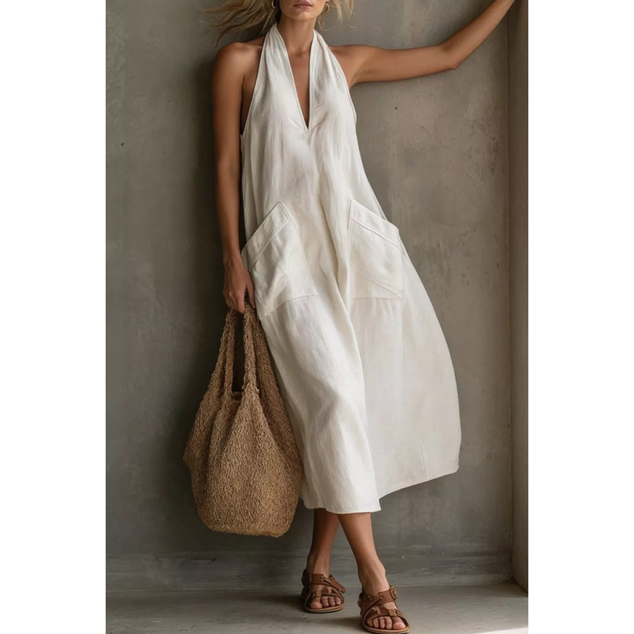 Casual Halter Neck Pocket Midi Dress White / S Apparel and Accessories