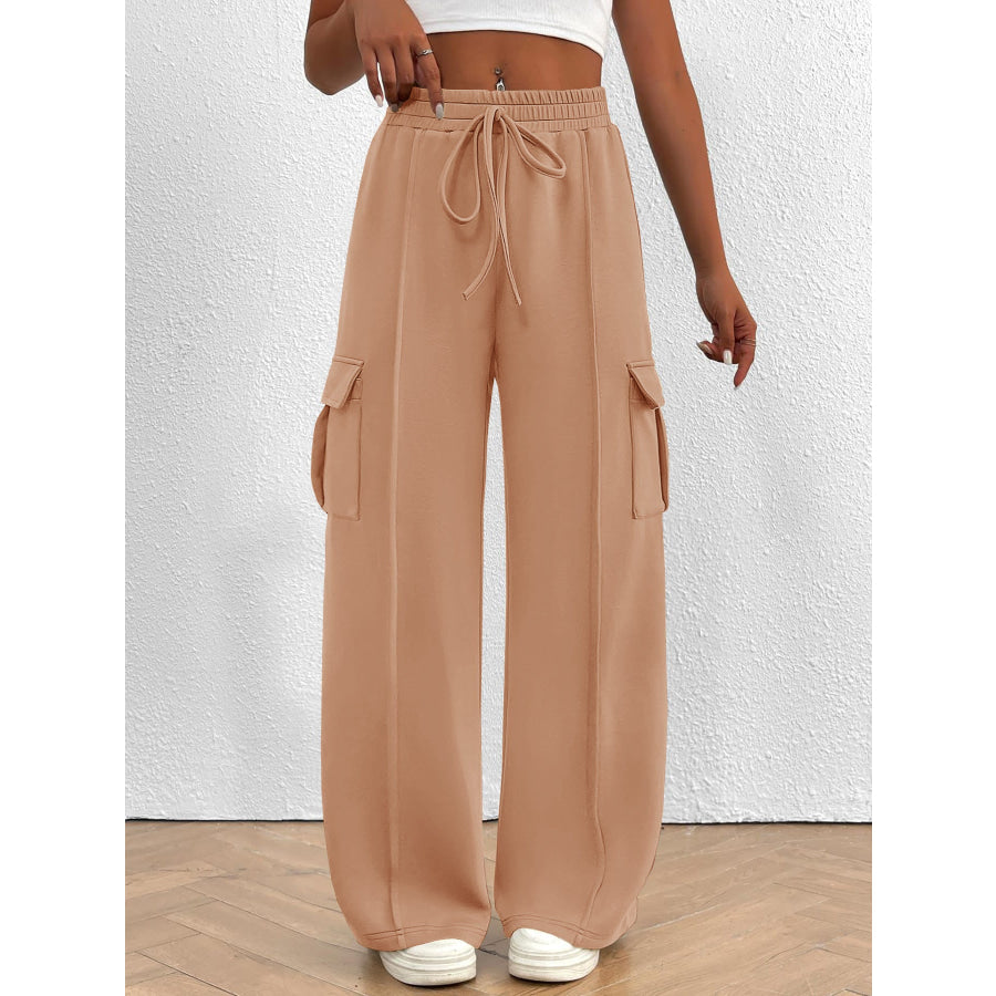 Casual High Waist Cargo Pants with Drawstring Apricot / S Apparel and Accessories
