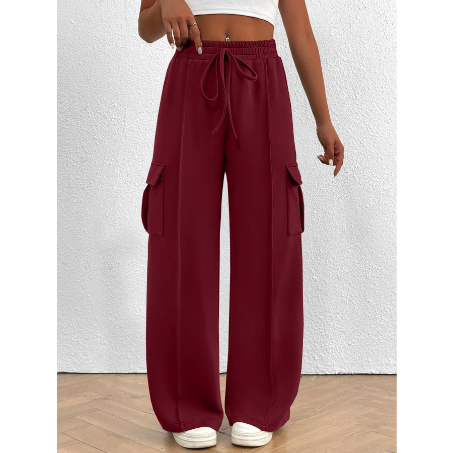 Casual High Waist Cargo Pants with Drawstring Burgundy / S Apparel and Accessories