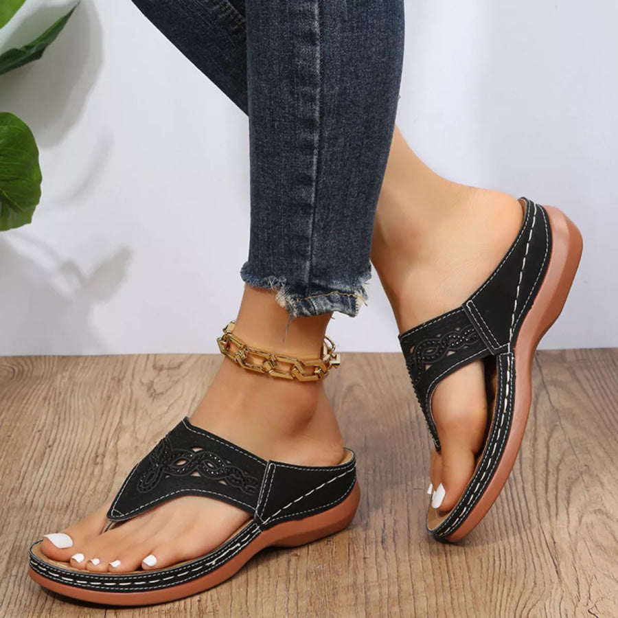 Casual Hollow-Out Thong Sandals Black / 36 Apparel and Accessories