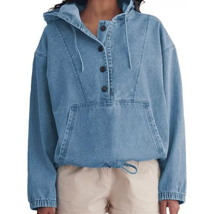 Casual Hooded Kangaroo Pocket Denim Jacket Apparel and Accessories
