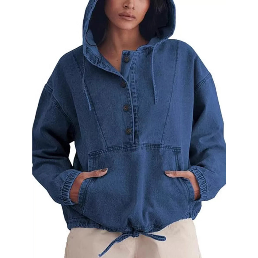 Casual Hooded Kangaroo Pocket Denim Jacket Apparel and Accessories
