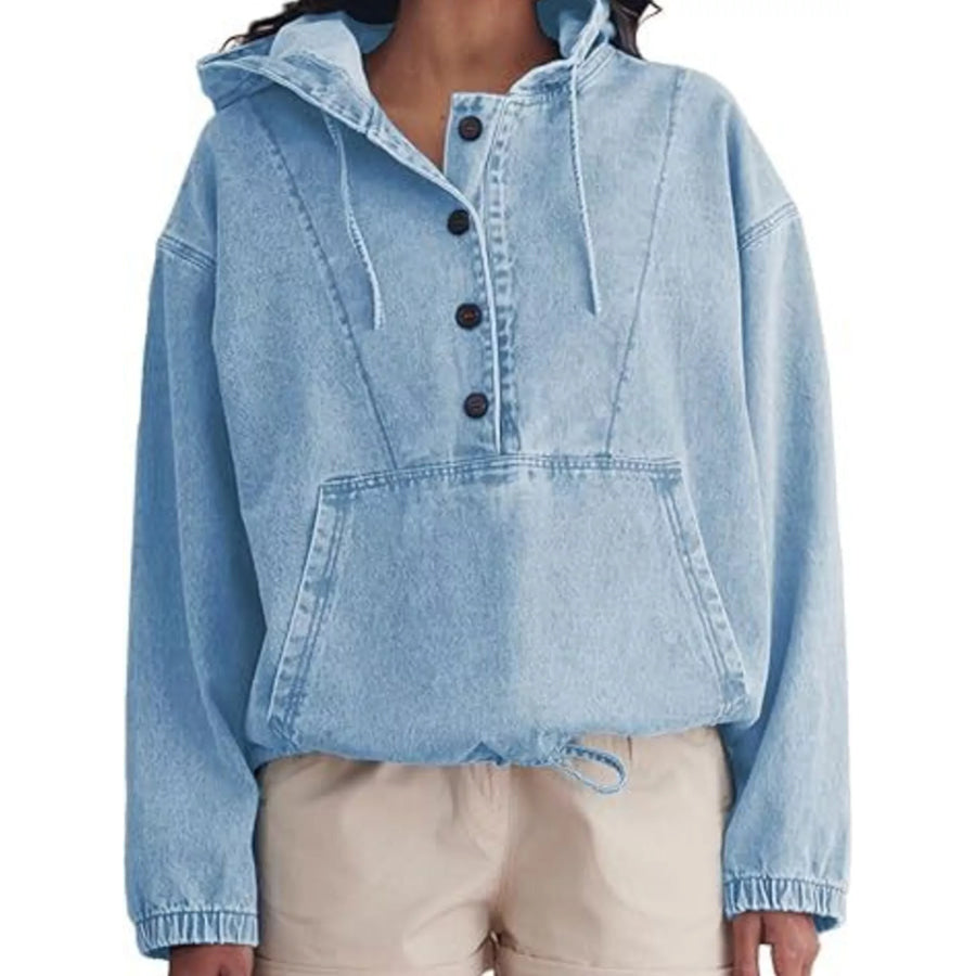 Casual Hooded Kangaroo Pocket Denim Jacket Apparel and Accessories