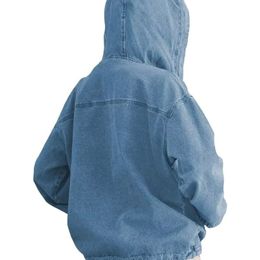 Casual Hooded Kangaroo Pocket Denim Jacket Apparel and Accessories