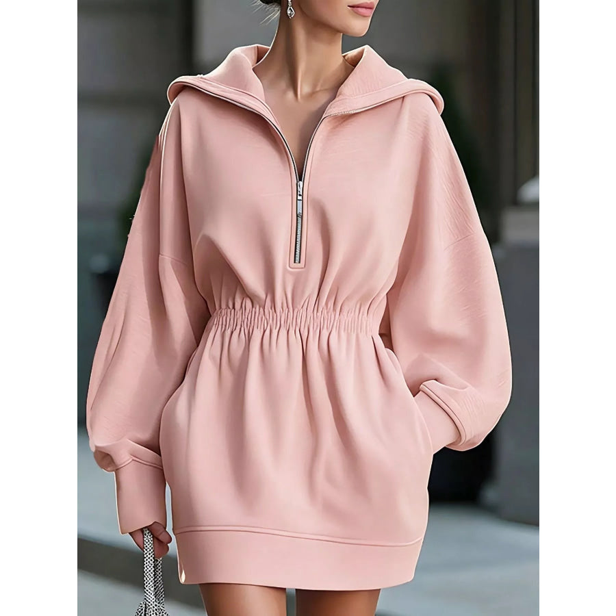 Casual Hooded Quarter-Zip Sweatshirt Dress Blush Pink / S Apparel and Accessories