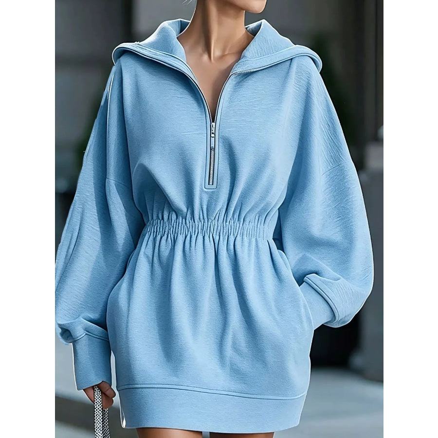 Casual Hooded Quarter-Zip Sweatshirt Dress Light Blue / S Apparel and Accessories