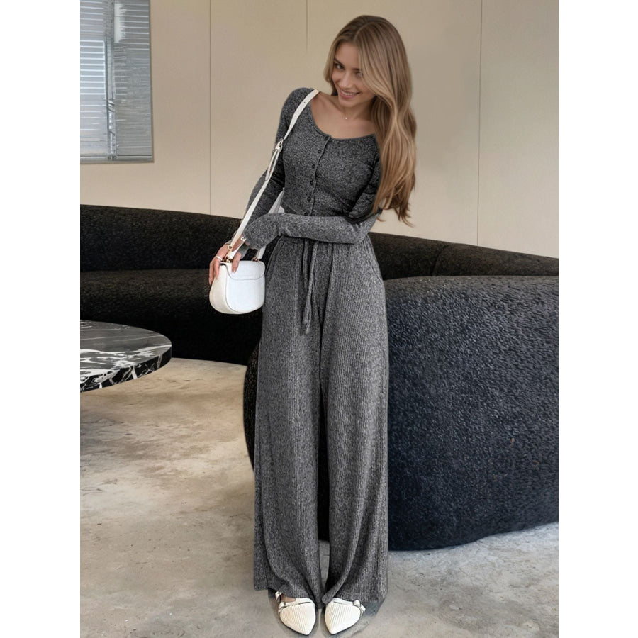 Casual Knit Long Sleeve Top and Wide Leg Pants Set Apparel and Accessories